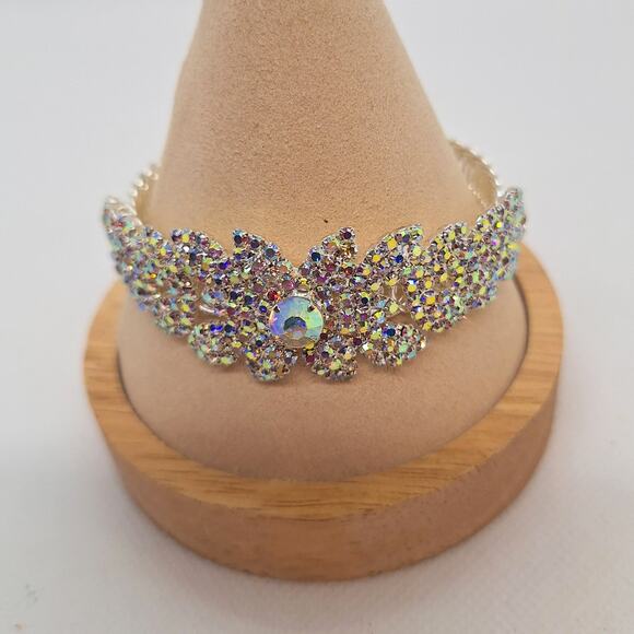 Statement Cuff Bracelet AB Rhinestones Silver Tone - Picture 1 of 4